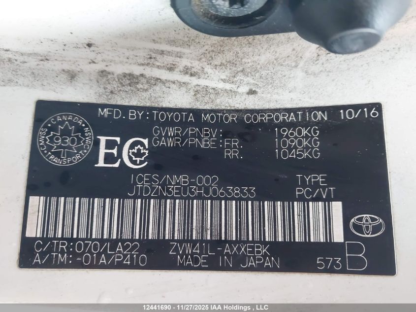 2017 Toyota Prius VIN: JTDZN3EU3HJ063833 Lot: 12441690