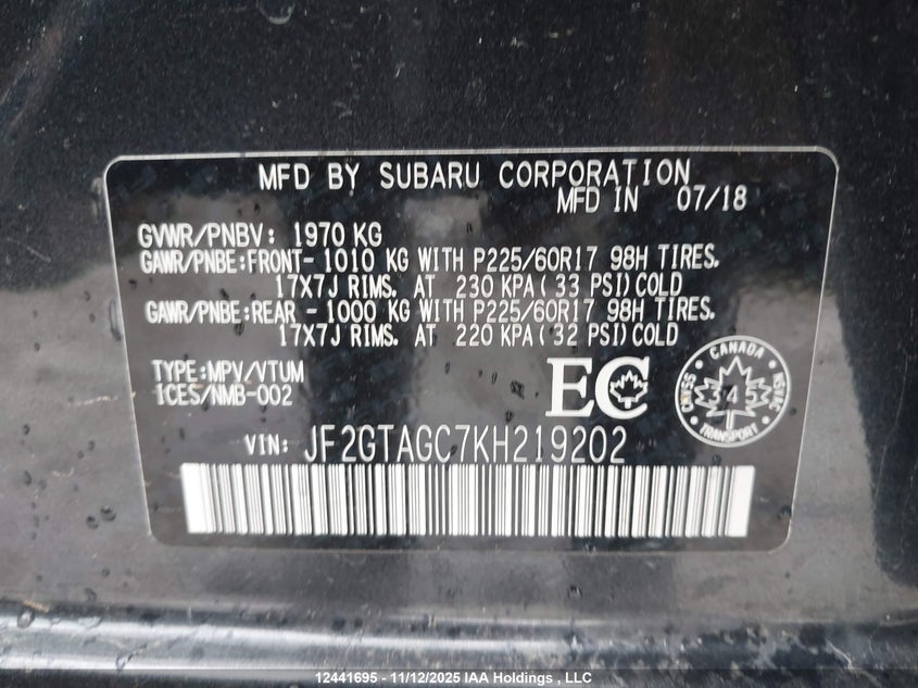 JF2GTAGC7KH219202 2019 SUBARU XV photo no. 9