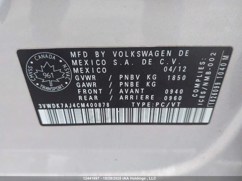 2012 Volkswagen Jetta 2.0L Comfortline VIN: 3VWDK7AJ4CM400878 Lot: 12441697