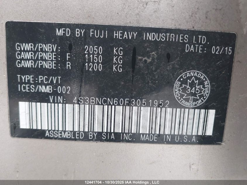 2015 Subaru Legacy 2.5I Limited VIN: 4S3BNCN60F3051952 Lot: 12441704