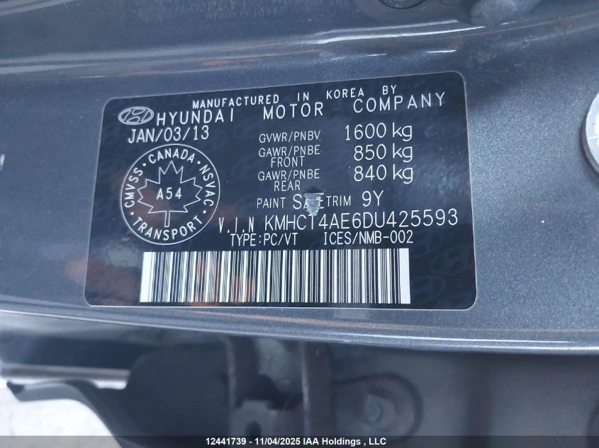 2013 Hyundai Accent Gls/Gs VIN: KMHCT4AE6DU425593 Lot: 12441739