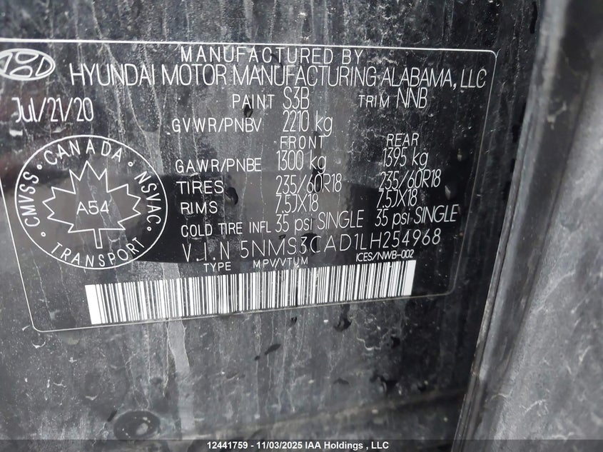 5NMS3CAD1LH254968 2020 HYUNDAI SANTA FE photo no. 9