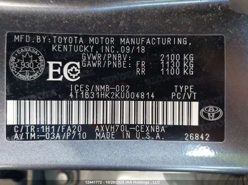 2019 Toyota Camry VIN: 4T1B31HK2KU004814 Lot: 12441772