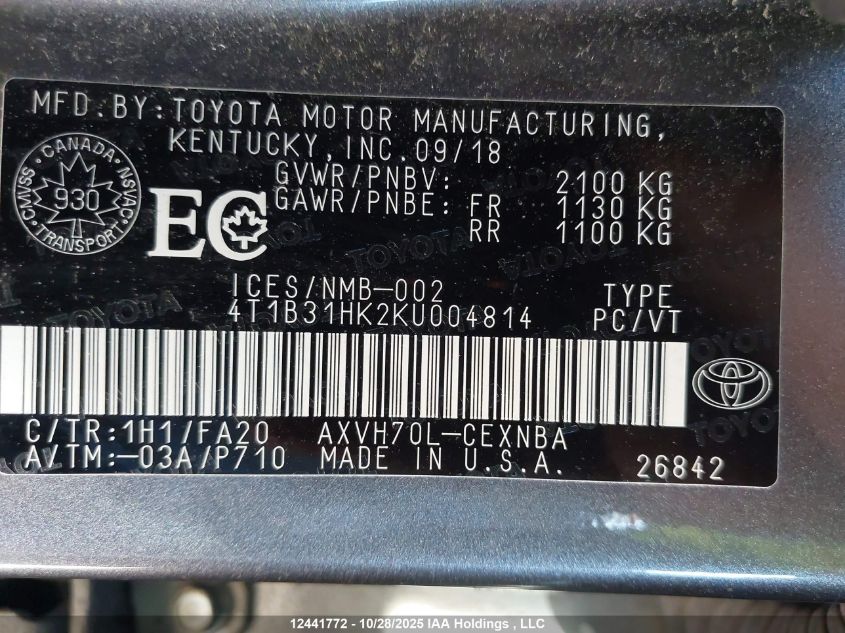 2019 Toyota Camry VIN: 4T1B31HK2KU004814 Lot: 12441772