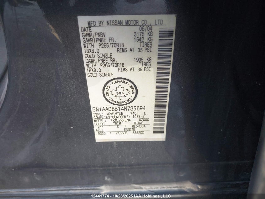 5N1AA08B14N735694 2004 NISSAN ARMADA photo no. 9