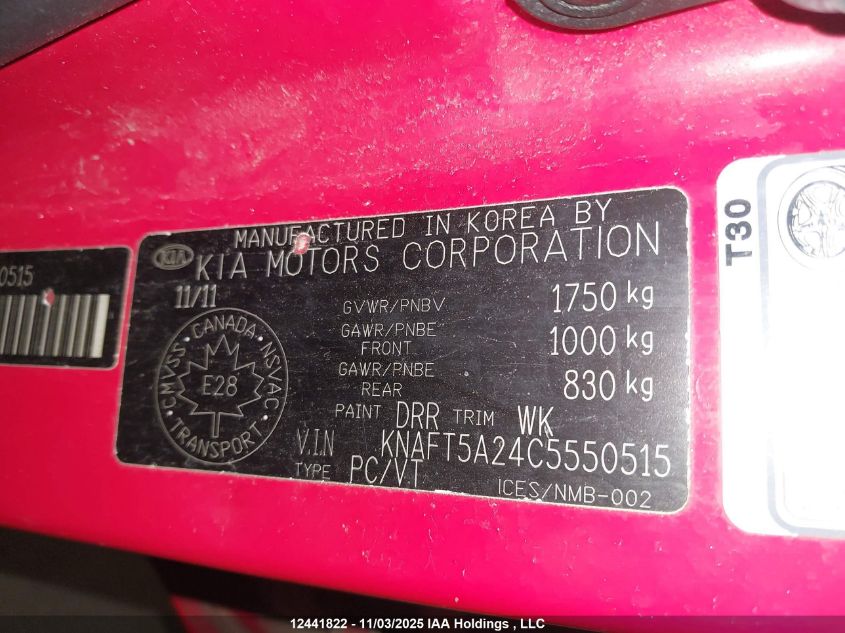2012 Kia Forte Lx VIN: KNAFT5A24C5550515 Lot: 12441822