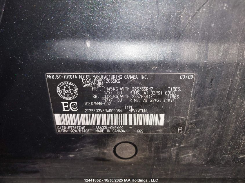 2009 Toyota Rav4 VIN: 2T3BF33V89W009084 Lot: 12441852