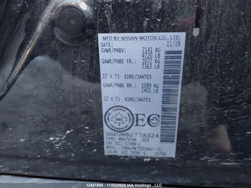 2020 Nissan Rogue S/Sl/Sv VIN: 5N1AT2MV6LC758324 Lot: 12441868