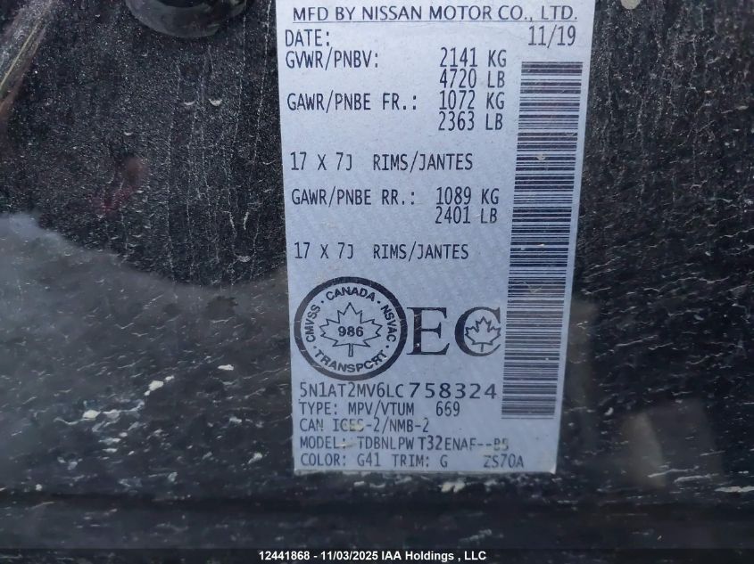 2020 Nissan Rogue S/Sl/Sv VIN: 5N1AT2MV6LC758324 Lot: 12441868