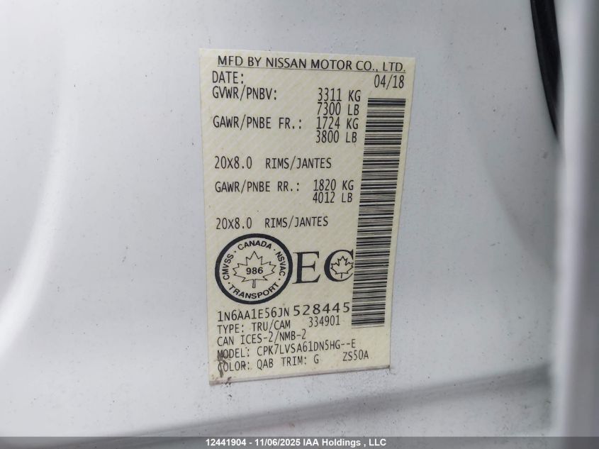 2018 Nissan Titan Platinum/Pro-4X/S/Sl Midnight Edition/Sv/Sv Midnight Edition VIN: 1N6AA1E56JN528445 Lot: 12441904