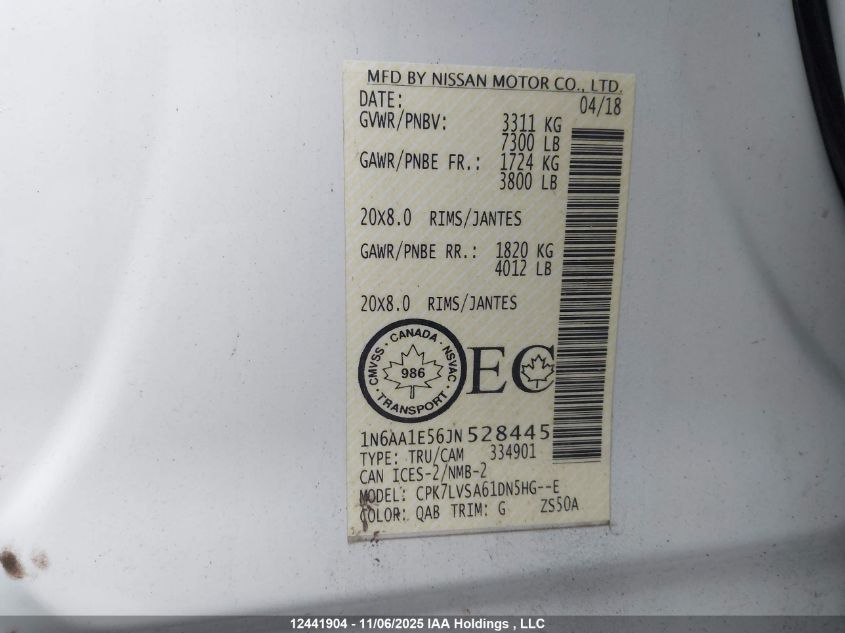2018 Nissan Titan Platinum/Pro-4X/S/Sl Midnight Edition/Sv/Sv Midnight Edition VIN: 1N6AA1E56JN528445 Lot: 12441904