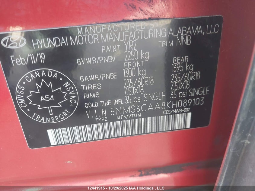 5NMS3CAA8KH089103 2019 HYUNDAI SANTA FE photo no. 9