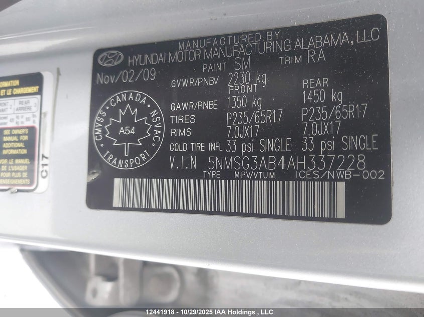 5NMSG3AB4AH337228 2010 HYUNDAI SANTA FE photo no. 9