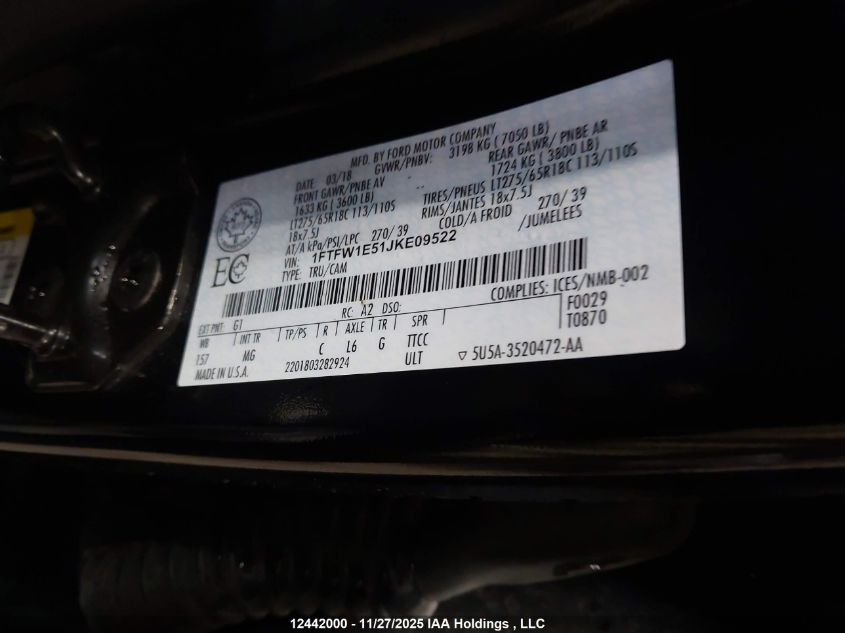 2018 Ford F-150 Xlt VIN: 1FTFW1E51JKE09522 Lot: 12442000