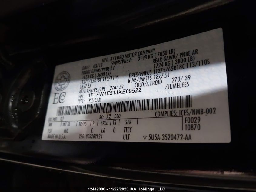 2018 Ford F-150 Xlt VIN: 1FTFW1E51JKE09522 Lot: 12442000
