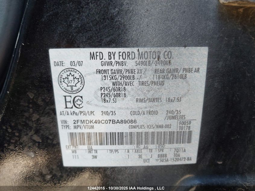 2007 Ford Edge Sel Plus VIN: 2FMDK49C07BA89086 Lot: 12442015