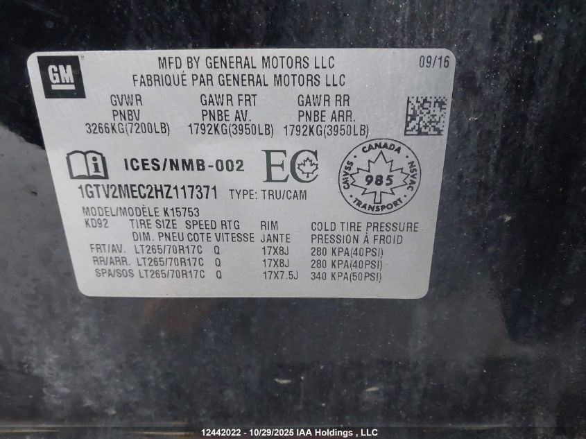 2017 GMC Sierra 1500 Sle VIN: 1GTV2MEC2HZ117371 Lot: 12442022