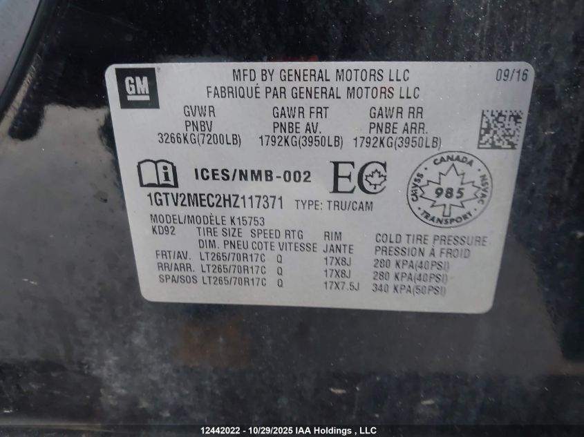 2017 GMC Sierra 1500 Sle VIN: 1GTV2MEC2HZ117371 Lot: 12442022