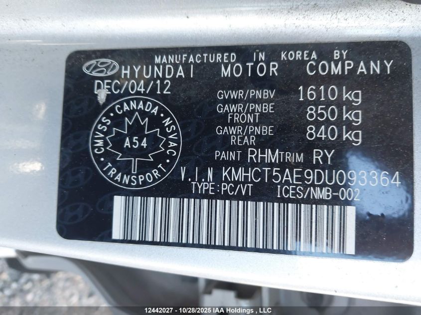 2013 Hyundai Accent Gls/Gs VIN: KMHCT5AE9DU093364 Lot: 12442027