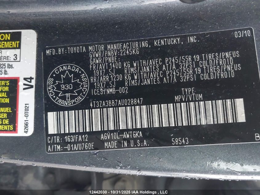 2010 Toyota Venza VIN: 4T3ZA3BB7AU028847 Lot: 12442030