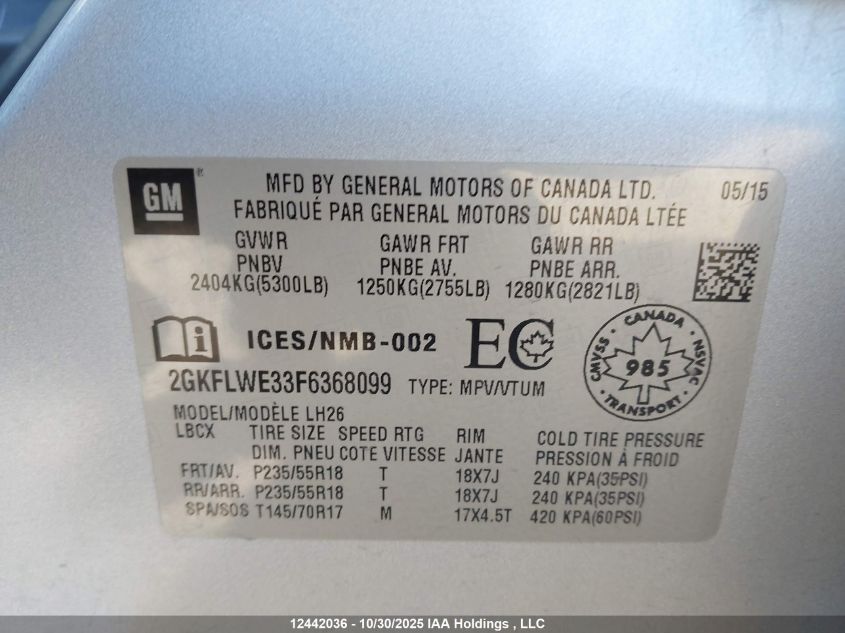 2015 GMC Terrain Sle VIN: 2GKFLWE33F6368099 Lot: 12442036