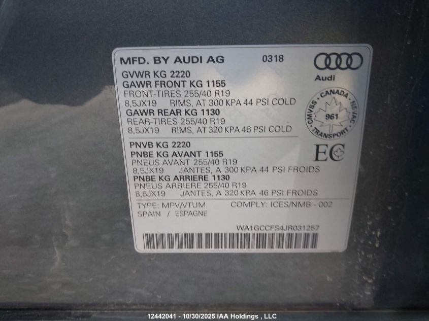 2018 Audi Q3 2.0T Technik VIN: WA1GCCFS4JR031257 Lot: 12442041