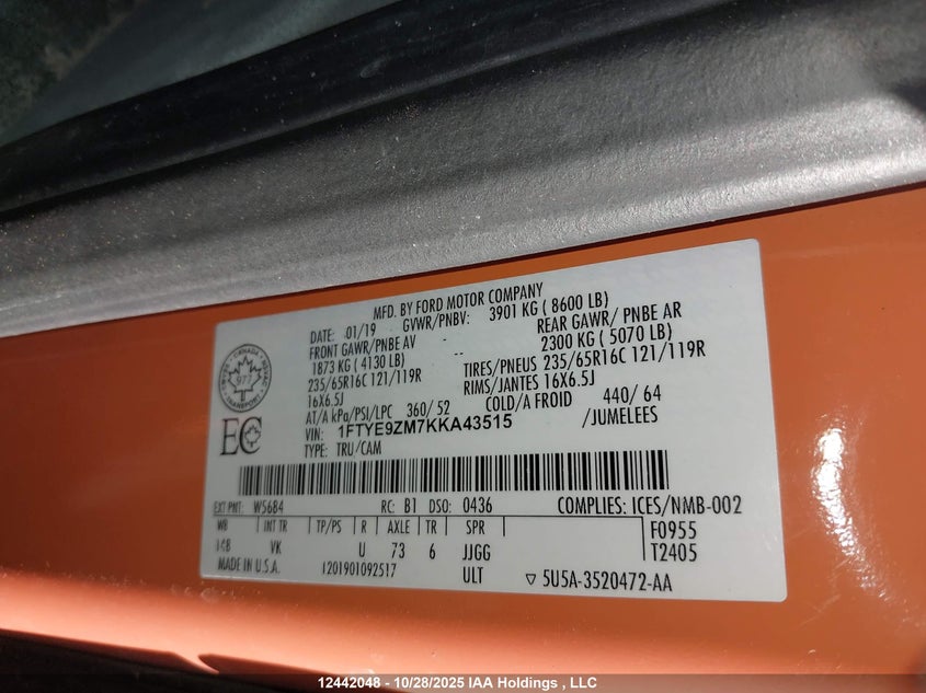 1FTYE9ZM7KKA43515 2019 FORD TRANSIT photo no. 9