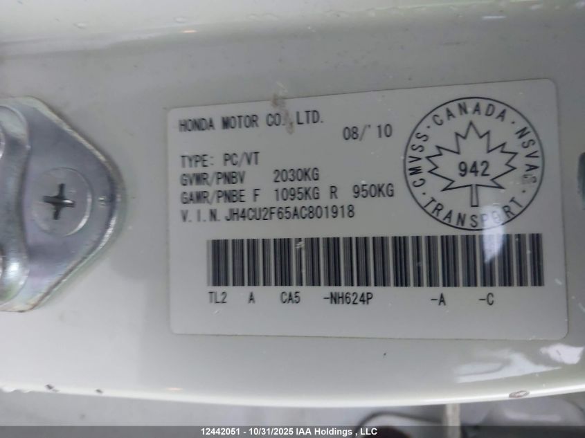 2010 Acura Tsx Premium/Technology Package VIN: JH4CU2F65AC801918 Lot: 12442051