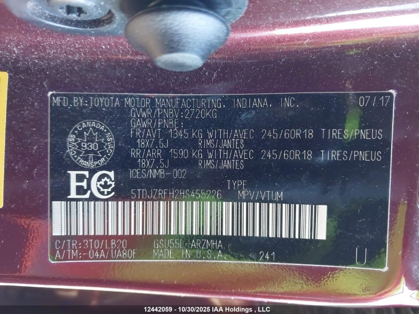 2017 Toyota Highlander Se/Xle VIN: 5TDJZRFH2HS455226 Lot: 12442059