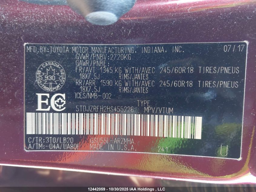2017 Toyota Highlander Se/Xle VIN: 5TDJZRFH2HS455226 Lot: 12442059