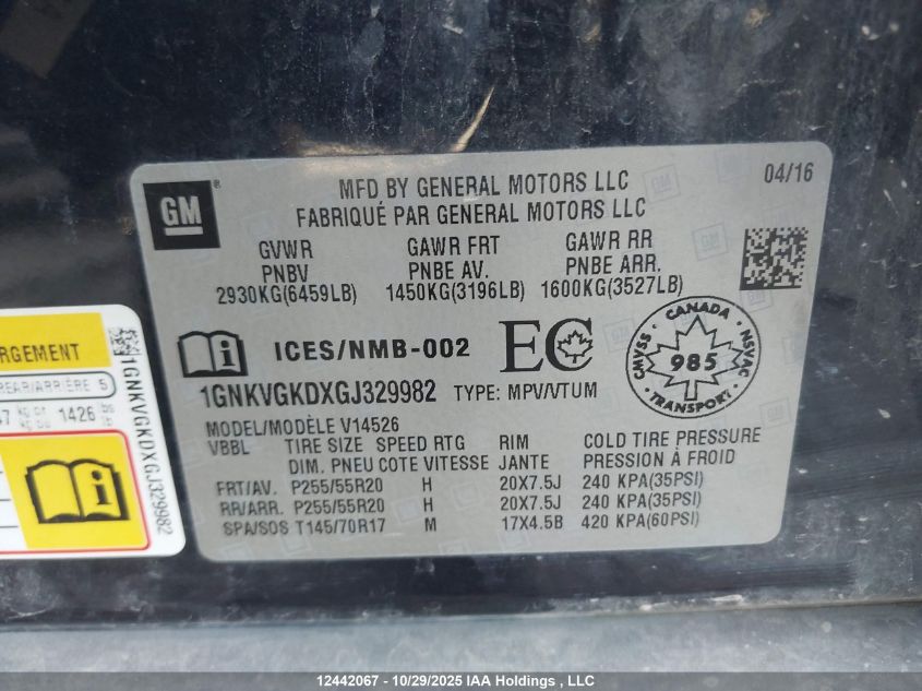 2016 Chevrolet Traverse Lt VIN: 1GNKVGKDXGJ329982 Lot: 12442067