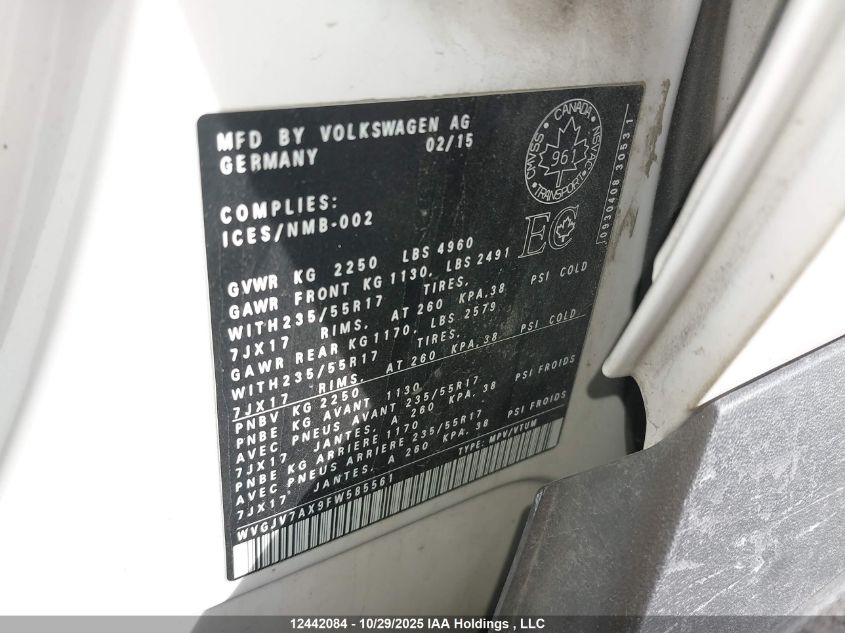 2015 Volkswagen Tiguan Comfortline/Highline/Special Edition/Trendline VIN: WVGJV7AX9FW585561 Lot: 12442084