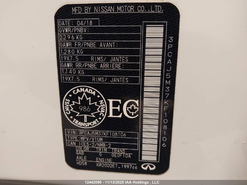 2019 Infiniti Qx50 Essential/Pure VIN: 3PCAJ5M37KF108106 Lot: 12442090