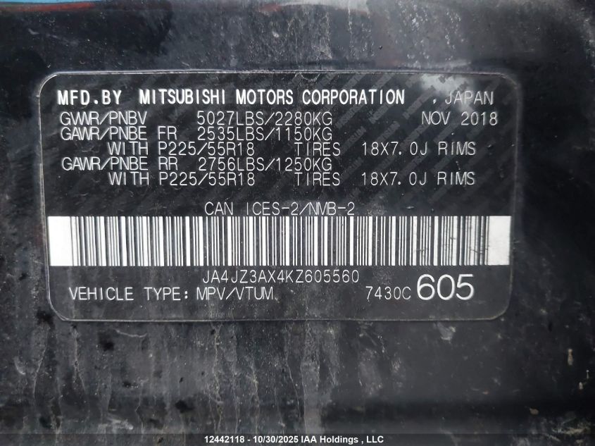 2019 Mitsubishi Outlander VIN: JA4JZ3AX4KZ605560 Lot: 12442118