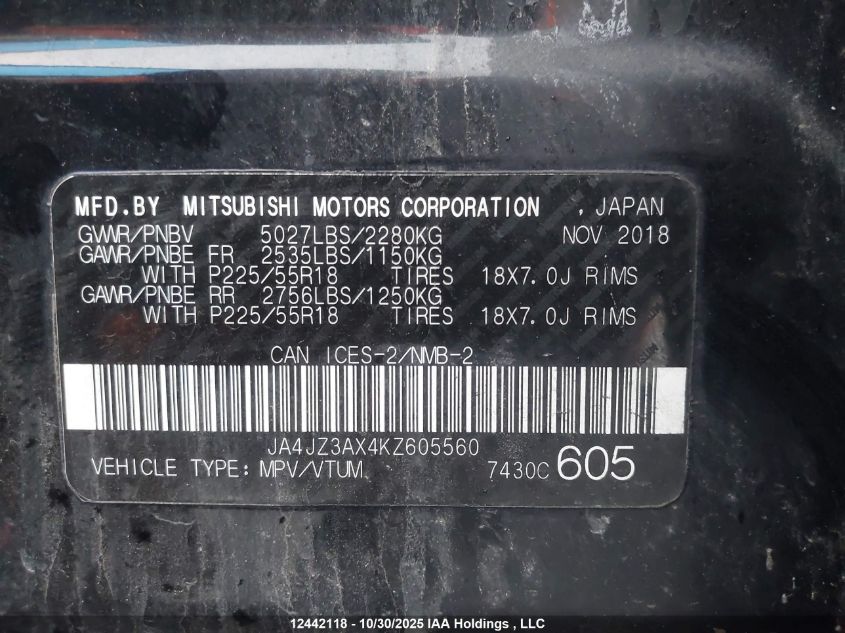 2019 Mitsubishi Outlander VIN: JA4JZ3AX4KZ605560 Lot: 12442118