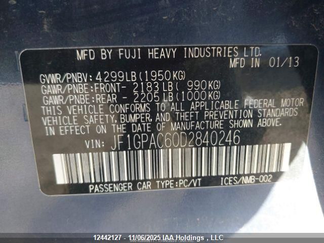 2013 Subaru Impreza Premium VIN: JF1GPAC60D2840246 Lot: 12442127