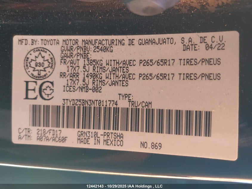 2022 Toyota Tacoma Double Cab/Sr5/Trd Sport/Trd Off Road VIN: 3TYDZ5BN3NT011774 Lot: 12442143