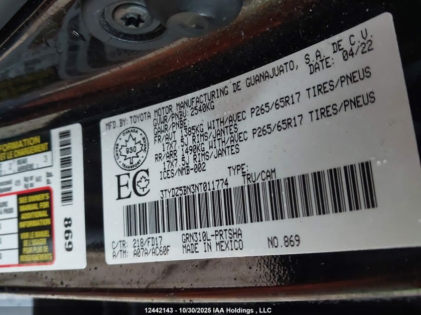 2022 Toyota Tacoma Double Cab/Sr5/Trd Sport/Trd Off Road VIN: 3TYDZ5BN3NT011774 Lot: 12442143