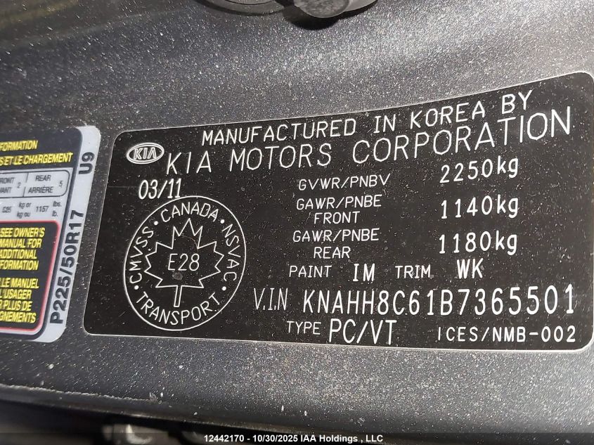 2011 Kia Rondo VIN: KNAHH8C61B7365501 Lot: 12442170