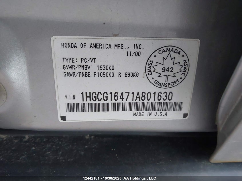 1HGCG16471A801630 2001 HONDA ACCORD photo no. 9