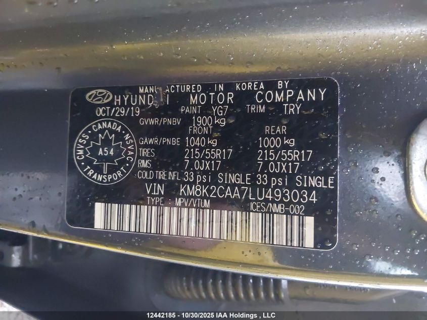 2020 Hyundai Kona Sel VIN: KM8K2CAA7LU493034 Lot: 12442185