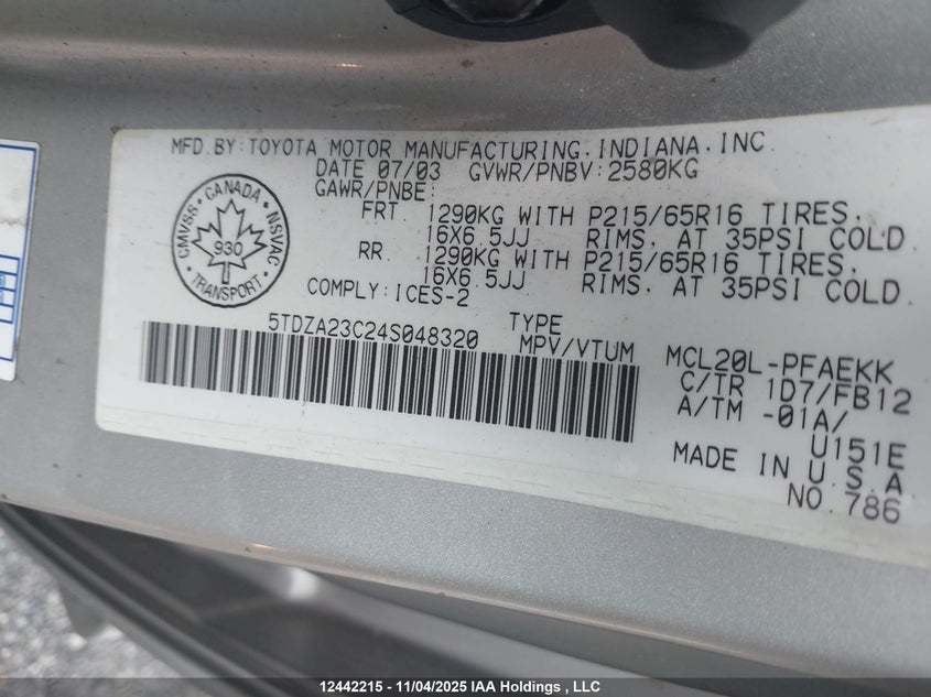 5TDZA23C24S048320 2004 TOYOTA SIENNA photo no. 9