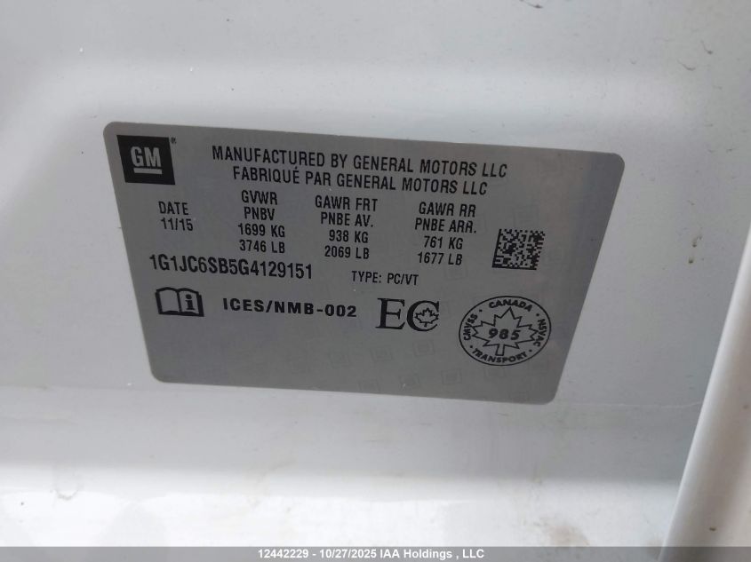 2016 Chevrolet Sonic Lt VIN: 1G1JC6SB5G4129151 Lot: 12442229