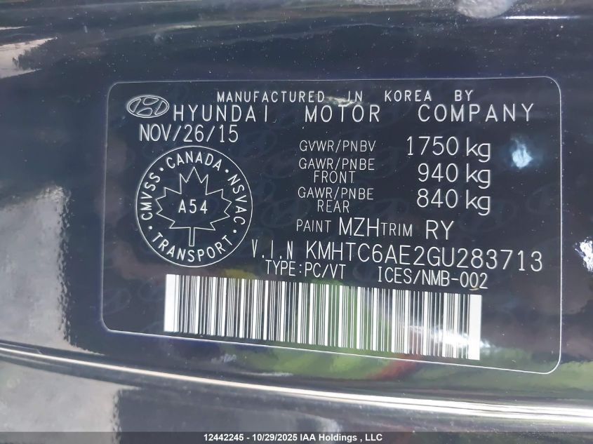 2016 Hyundai Veloster Turbo VIN: KMHTC6AE2GU283713 Lot: 12442245