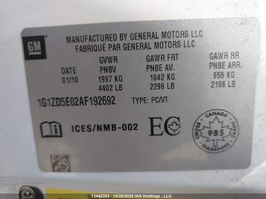 2010 Chevrolet Malibu Lt Platinum Edition VIN: 1G1ZD5E02AF192692 Lot: 12442253