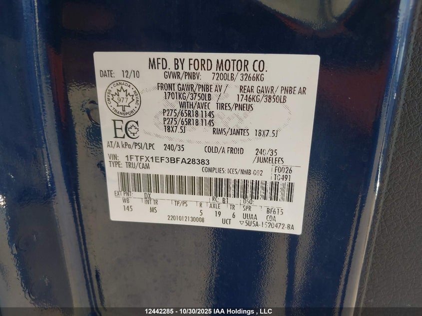 1FTFX1EF3BFA28383 2011 FORD F-150 photo no. 9