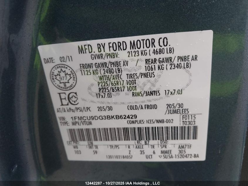 2011 Ford Escape Xlt VIN: 1FMCU9DG3BKB62429 Lot: 12442287