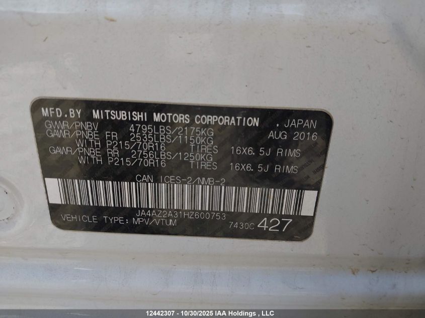 2017 Mitsubishi Outlander Es VIN: JA4AZ2A31HZ600753 Lot: 12442307