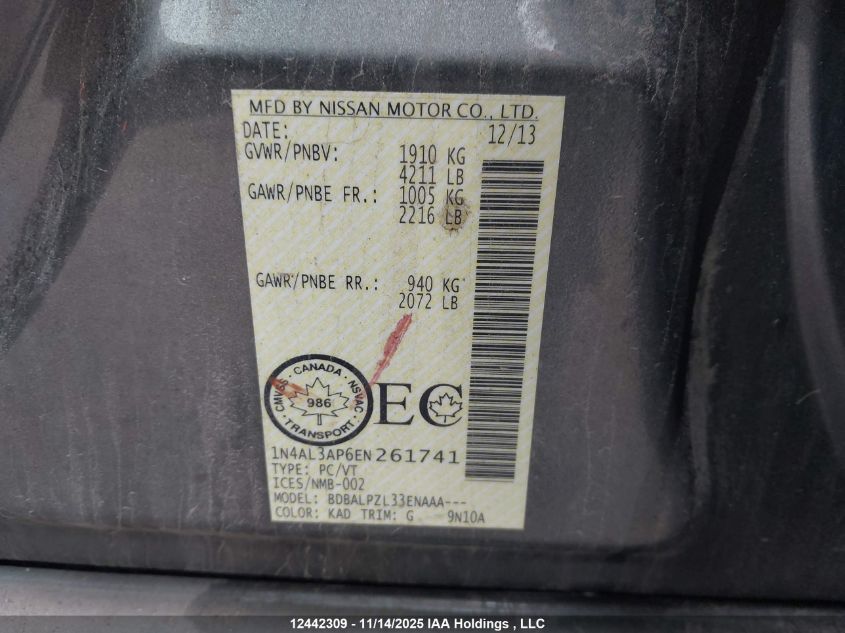 2014 Nissan Altima 2.5/S/Sv/Sl VIN: 1N4AL3AP6EN261741 Lot: 12442309