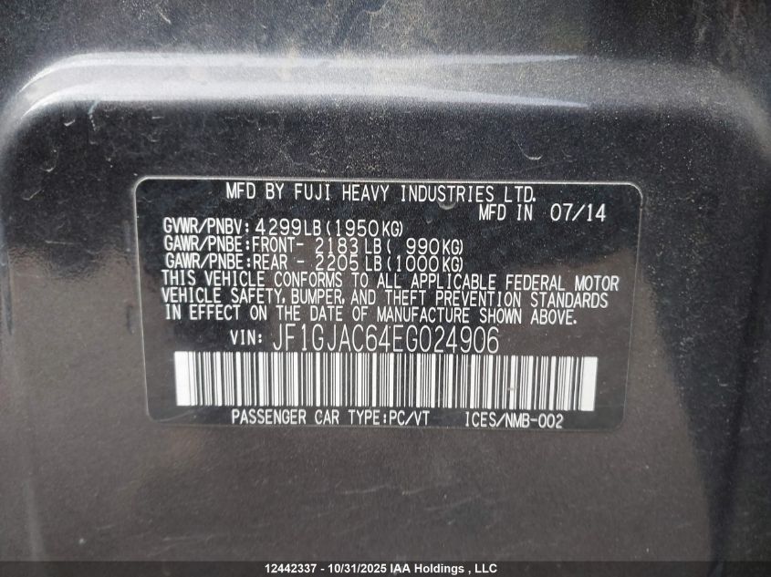 2014 Subaru Impreza 2.0I Touring Package VIN: JF1GJAC64EG024906 Lot: 12442337